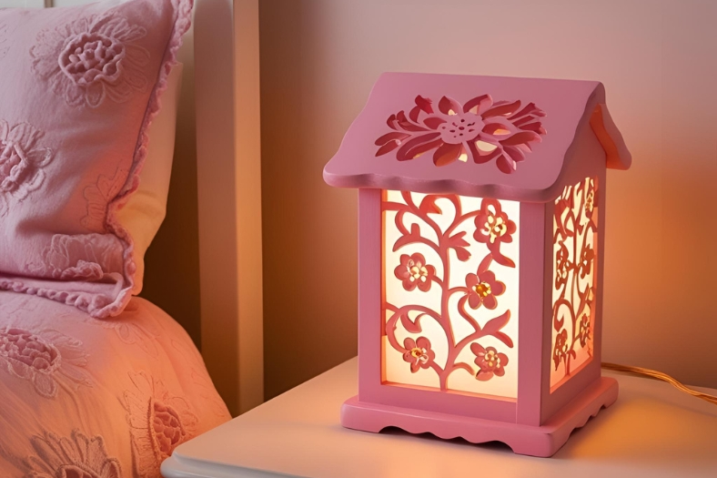 lampara_estrella_personalizada Lámpara niñas rosa en una mesita de noche.